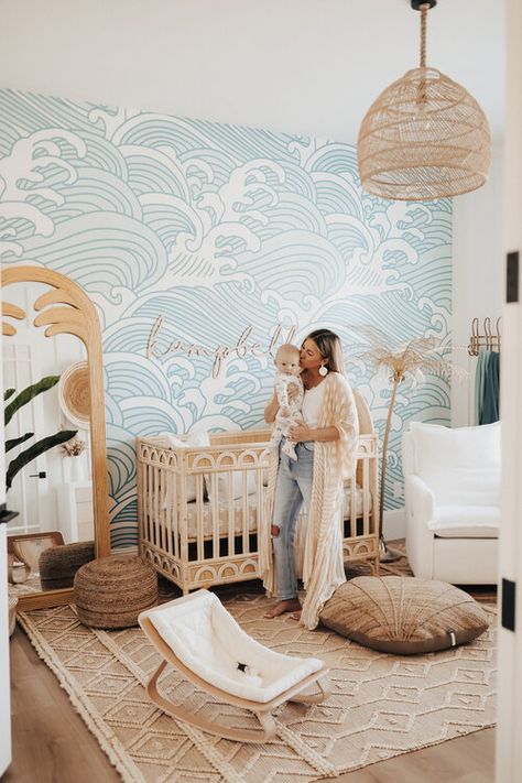 Krista Horton House, Sloan Acrylic Crib Nursery, Plant Wall Nursery, Ocean Gender Neutral Nursery, Under The Sea Nursery Rug, Gender Nuetral Pallete Nursery Boho, Hawaii Theme Nursery, Summer Nursery Theme, Ocean Themes Nursery