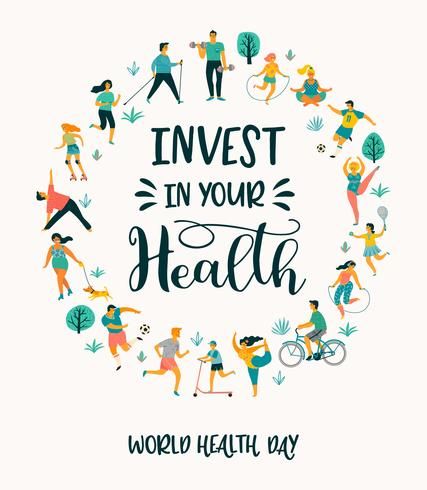 World Health Day people leading an active healthy lifestyle. Illustration Of People, Healthy Lifestyle Quotes, Health World, World Health Day, Vegetable Nutrition, Healthy Exercise, Lifestyle Quotes, Care Logo, Health Day