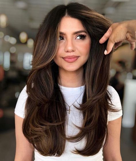 CURTAIN BANG INSPO | 90'S HAIRSTYLE Hair Highlights With Black Hair, Layered Brunette Balayage Hair, Long Brunette Hair With Layers Straight, Hair Styles For Volume, Brunette Hair Layers, Long Brunette Hair With Layers, Straight Hair With Highlights, Lots Of Layers Long Hair, Sophisticated Haircut