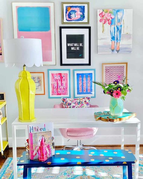 Home Office Decor Ideas: 5 Budget-Friendly Must-Haves | Kate Decorates Eclectic Office Decor, Colorful Office Space, Colorful Home Office, Colorful Office Design, Colorful Office Decor, Work Office Ideas, Home Office Decor Ideas, Fun Office Decor, Girly Office