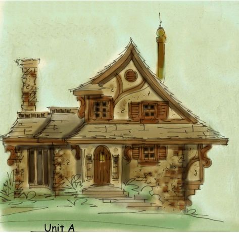 Storybook house plan has unique layout. Drive up to the main floor lower level. Walk around and up to the front door at the second floor. From the entrance, walk down to the main level or upstairs. The main living level is designed to wrap around the garage Fairy Tale House Plans, Hobbit House Plans, Story Book House, Storybook House Plan, Unusual House, Storybook House, Pretty Rooms, Unique House Plans, House Plans With Photos