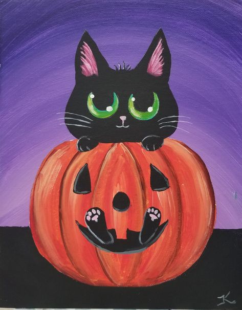 Halloween Canvas Paintings, Halloween Canvas Art, Fall Paintings, Cat Acrylic, Fall Canvas Painting, Fall Canvas, Canvas Painting Tutorials, Kids Canvas, Easy Canvas Painting