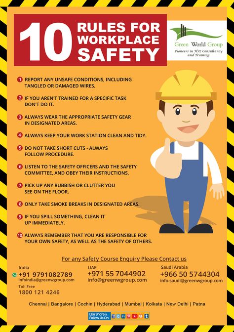 A #workplacesafety culture and these 10 tips can help employers reduce the high cost of work-related injuries and illnesses. The safest type of #workplace is one where all employees are trained on and follow the #safety standards put in place by the organization. Visit Us: http://greenwgroup.co.in/ Workplace Safety Slogans, Workplace Rules, Safety Pictures, Workplace Safety Tips, Safety Talk, Safety Topics, Health And Safety Poster, Heat Safety, Safety Slogans