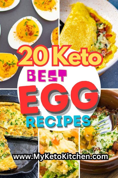 Five images of ket egg recipes, omelet frittata, scrambled eggs, baked eggs, devilled eggs. Keto Egg Recipes, Egg Recipes For Lunch, Low Carb Egg Recipes, Keto Eggs, Egg Custard Recipes, Meals For Breakfast, Keto Egg Recipe, Egg Fast Diet, Best Egg Recipes