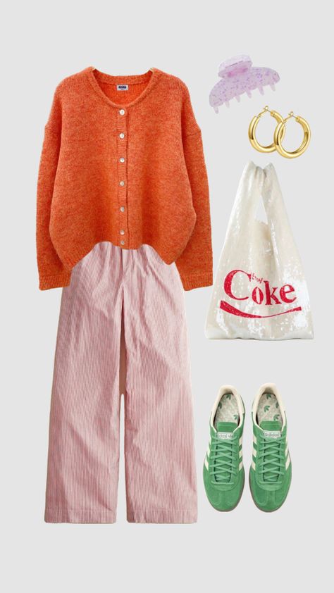 Pastel Wardrobe Aesthetic, Color Matching Outfits Ideas, Multi Color Cardigan Outfit, Pink Orange Green Outfit, Pink And Orange Outfit Aesthetic, Colorful Cozy Outfits, Summer Dopamine Dressing, Colorful Midsize Outfits, Pastel Work Outfit