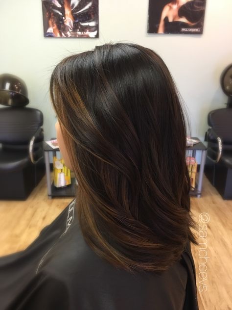 Balayage for dark hair // brown highlights for black hair // Asian - Indian - ethnic hair types // Instagram @samcheevs Best Highlights For Black Hair Short, Balayage For Dark Brown Hair Straight Medium, Highlits For Black Hair, Short Hair Lowlights, Black Hair Lowlights, Lowlights For Black Hair, Black Hair With Lowlights, Ethnic Hair, Balayage Hair Dark