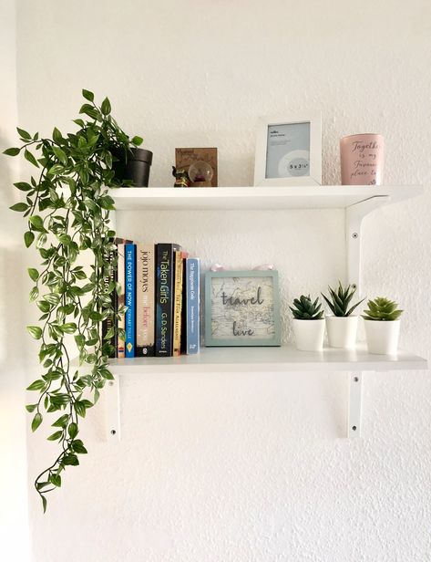 Hanging Shelves Ideas Bedroom, White Hanging Shelves Bedroom, Shelf With Hanging Plants, Shelves With Plants And Books, Shelve Inspo Aesthetic, Shelf Hanging Plants, Hanging Shelf With Plants, Hanging Plants Shelves, Ikea Hanging Shelves