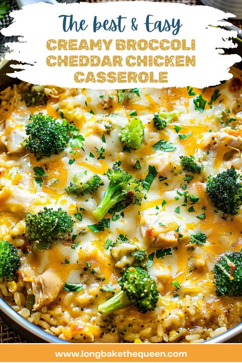 Dive into comfort with this Creamy Broccoli Cheddar Chicken Casserole! It's packed with tender chicken, fresh broccoli, and loads of melty cheddar cheese, all nestled in a creamy rice base. Perfect for a cozy family dinner, it's easy to make and even easier to love. Ready in just an hour, it's ideal for busy weeknights. Want to make dinner unforgettable? Pin this recipe now and give it a try tonight! Creamy Chicken With Broccoli Recipes, Brócoli Cheddar Casserole, Chicken Broccoli Rice Cheese Casserole In Instant Pot, Chicken Broccoli Cheese Recipes, White Rice Dinner Ideas, Broccoli Chicken Rice Casserole With Rotisserie Chicken, Cheesy Chicken Rice Broccoli Casserole, Chicken Broccoli Rice Cheese Casserole With Rotisserie Chicken, Chicken Brocolli Pasta Casserole Oven