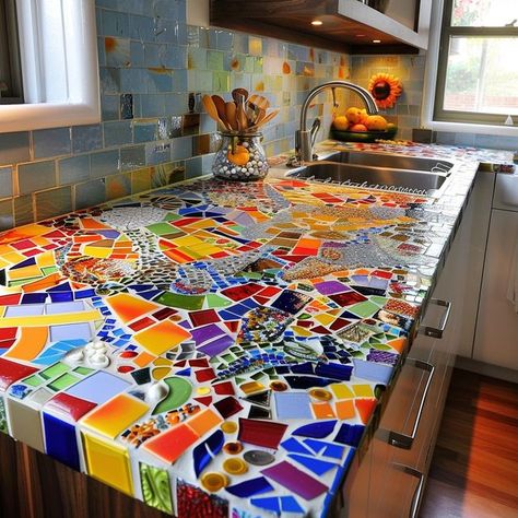 Ecosapiens on Instagram: "Picture a kitchen countertop adorned with a mosaic of vivid colors inspired by the Mediterranean: azure blues, sun-kissed yellows, fiery reds, and earthy greens. It’s a vibrant masterpiece, transforming cooking into a lively, artistic experience.  Conceptual AI Art  Follow @ecosapiens for more!" House Entry, Countertop Ideas, Water House, Casa Vintage, Apartment Decor Inspiration, Glass Tiles, Mosaic Diy, Dream House Interior, House Room