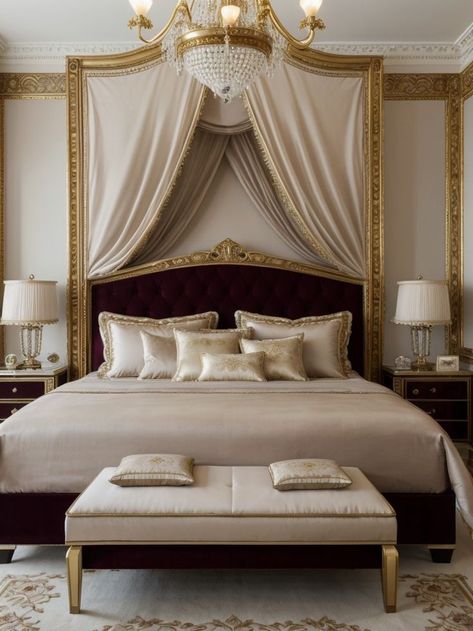 Royal Bedroom Aesthetic, Royal Luxury Bedroom Design, Burgundy Bedroom Ideas, Gold Bed Frame, Burgundy Bedroom, Royal Bedroom, French Style Bedroom, Plush Rugs, Cozy Fall Bedroom