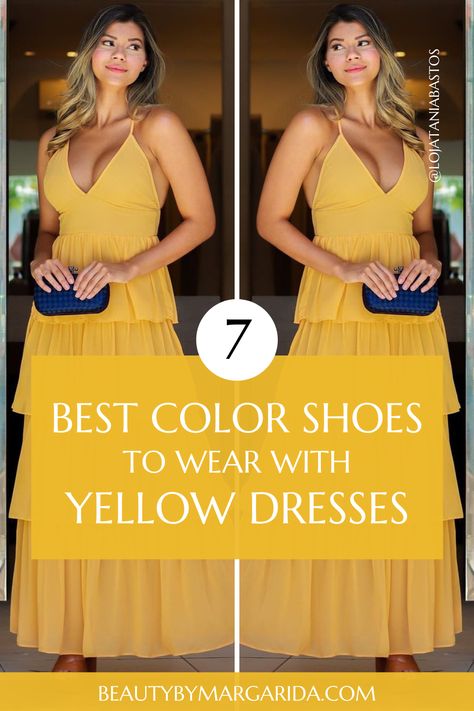 Not sure what color shoes to wear with a yellow dress? Check out our guide to find the perfect shoes to complement your yellow dress, whether for a wedding or a laid-back party! Mustard Dress Accessories, Yellow Cocktail Dress Outfit, Yellow Dress With Accessories, Yellow Occasion Dress, Black Dress Yellow Accessories, Shoes For Mustard Color Dress, Styling A Yellow Dress, Style Yellow Dress, Accessories For Yellow Dress