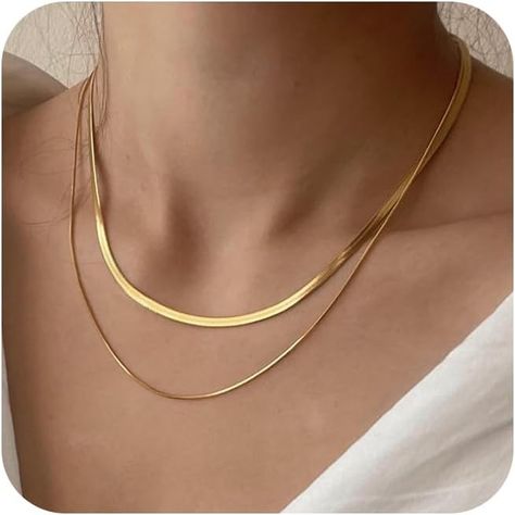 Amazon.com: Tewiky 14k Gold Plated Herringbone Layered Necklace Set - Dainty Chain Choker for Women and Women: Clothing, Shoes & Jewelry Gold Necklace Set Design, Gold Chain Women, Gold Herringbone Necklace, Chain Necklace Women, Flat Snake Chain, Chain Watch, Gold Snake Chain, Monthly Baby, Antique Jewellery Designs