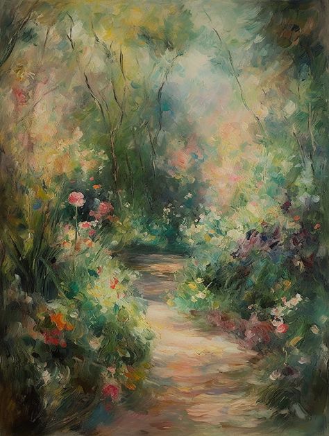 "\"A summer morning walk\" Bring the beauty of the French countryside into your home with this painting of a mysterious garden path in summer. This is a lovely Impressionist piece that would fit with both traditional and modern interiors.  DIGITAL FILE: Please note this is a digital painting and no physical product will be shipped. Once you have purchased your artwork, you will receive a confirmation email from Etsy with a download link. You can also access your downloads at any time under Purch French Impressionist Paintings, Impressionist Digital Art, Vintage Painting Ideas, Calming Paintings, French Countryside Aesthetic, Flower Garden Painting, Impressionist Paintings Landscape, Cool Digital Art, Gardening Painting