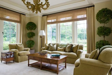 slc-interiors-triple-topiary-plants-in-simple-living-rooms Slc Interiors, Boston Living Room, Traditional Design Living Room, Open Family Room, Window Treatments Living Room, Blinds Design, Trendy Living Rooms, Window Room, Living Room Windows