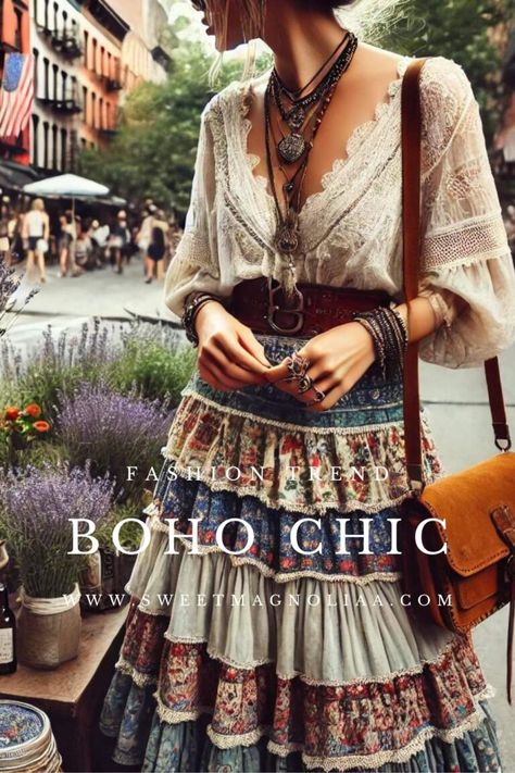 Boho Decor + Fashion: Mastering Boho Dresses and Interiors - Sweet Magnoliaa Elegant Boho Outfit, Gypsycore Fashion Aesthetic, Hippie Elegante Boho Style, Boho Clothes For Older Women, Curvy Boho Fashion, Boho Chic Outfits Bohemian, Chic Boho Outfits, Bohemian Outfits Winter, Winter Hippie Outfits Boho