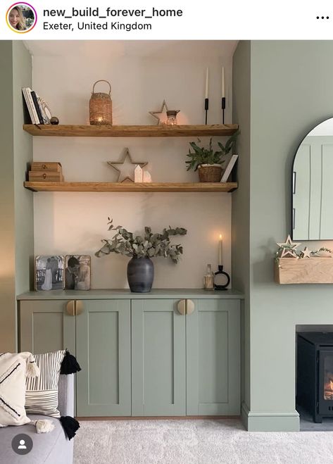 Fireplace Alcove Ideas, Built In Cupboards Living Room, Alcove Storage Living Room, Cupboard Living Room, Alcove Ideas Living Room, Living Room Cupboards, Alcove Shelves, Sage Green Living Room, Log Burner Living Room