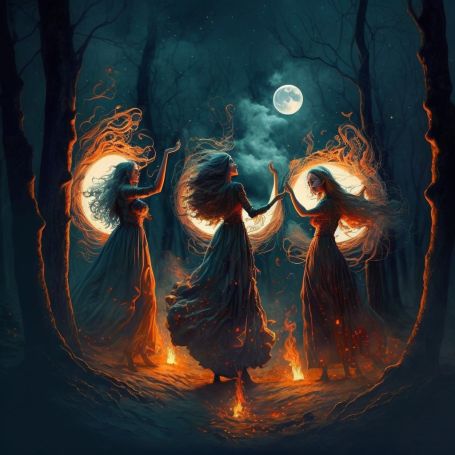 Three Sisters Aesthetic, Moon Sisters, Full Moon Halloween, 3 Witches, Sisters Of The Moon, Witch Sisters, Witches Dance, Maiden Mother Crone, Witch Painting