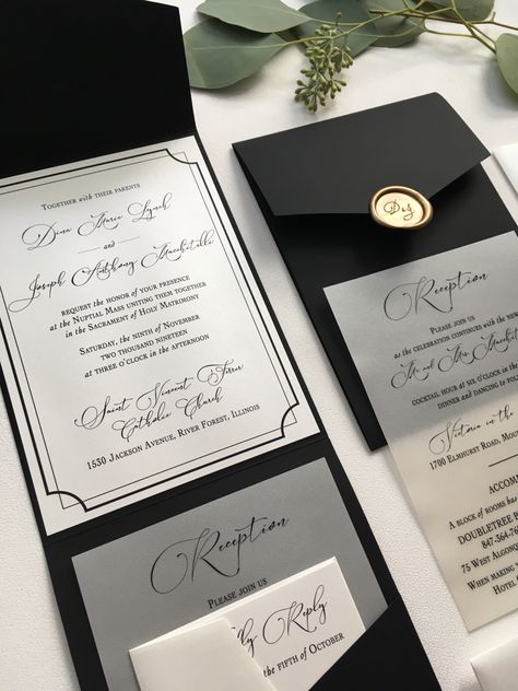 Wedding Card Black And Gold, Black And Grey Wedding Invitations, Fancy Quince Invitations, Classical Wedding Invitations, Wedding Elegant Invitations, Black Invitations Wedding, Black Wedding Invitation Cards, Black Embossed Wedding Invitations, High End Wedding Invitations