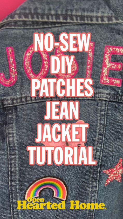 DIY Patch Jean Jacket - How To Bedazzle Jean Jacket, Jean Jacket Decorating Party, Diy Patch Jacket Ideas, Iron On Patches Ideas Clothes Denim, Diy Patch Jean Jacket, Decorated Jean Jacket Ideas, Denim Jacket With Patches Diy, Diy Denim Jacket Patch, Diy Custom Jean Jacket