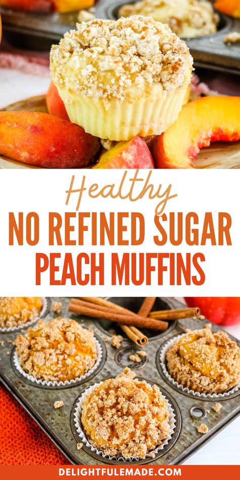 These Healthy No Refined Sugar Peach Muffins are made with much healthier ingredients. Coming in at at just 167 calories a muffin, these are a much better alternative to those other sugar-laden muffins. This peach muffin recipe uses a streusel topping, which lends for a great texture and flavor. However, the topping is option and the muffins can be baked without it. Healthy Peach Muffins Greek Yogurt, Easy Healthy Peach Dessert, Peach Muffins Easy Healthy, High Calorie Muffins, Peach Muffins Easy, Peach Yogurt Muffins, Healthy Peach Muffins, Peach Oatmeal Muffins, Peach Muffins Recipe