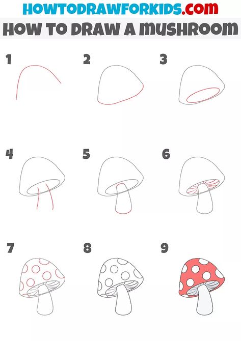 How to Draw a Mushroom Step by Step - Drawing Tutorial For Kids Mushroom Step By Step Drawing, Draw A Mushroom Easy, Painting Mushrooms Easy, Pictures Of Mushrooms To Draw, Paint Mushrooms Easy, Mushroom Tutorial Drawing, Easy Mushroom Drawing Step By Step, Chalk Mushrooms, How To Draw A Mushroom House