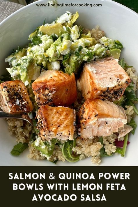 Easy Salmon & Quinoa Power Bowls with Lemon Feta Avocado Salsa | This delicious salmon power bowl with a punchy salty-citrus avocado salsa is an amazing, easy, healthy meal that's perfect for busy weeknights. It's packed with protein, nutrients, & healthy fats. I love how flexible the quantities are, & often make a pseudo-meal prep version for one person that gives me 3-4 nights of meals with minimal effort! #powerbowl #salmon #mealprep #healthydinner Quinoa Power Bowl, Herb Salmon, Power Bowl Recipe, Salmon Quinoa, Easy Healthy Meal, Avocado Bowl, Power Bowl, Salmon Bowl, Healthy High Protein Meals