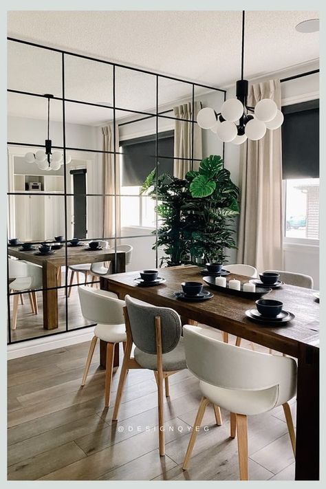 Are Mirrored Walls Out Of Style? Dinning With Mirror Wall, Mirrored Wall Decor Living Room, Mirror Feature Wall Design, Feature Wall Mirror Living Rooms, Dining With Mirror Wall, Kitchen Table With Mirror On Wall, Dinning Mirror Wall Decor, Mirror Wall Dining Room Modern, Mirror Wall Decor Kitchen