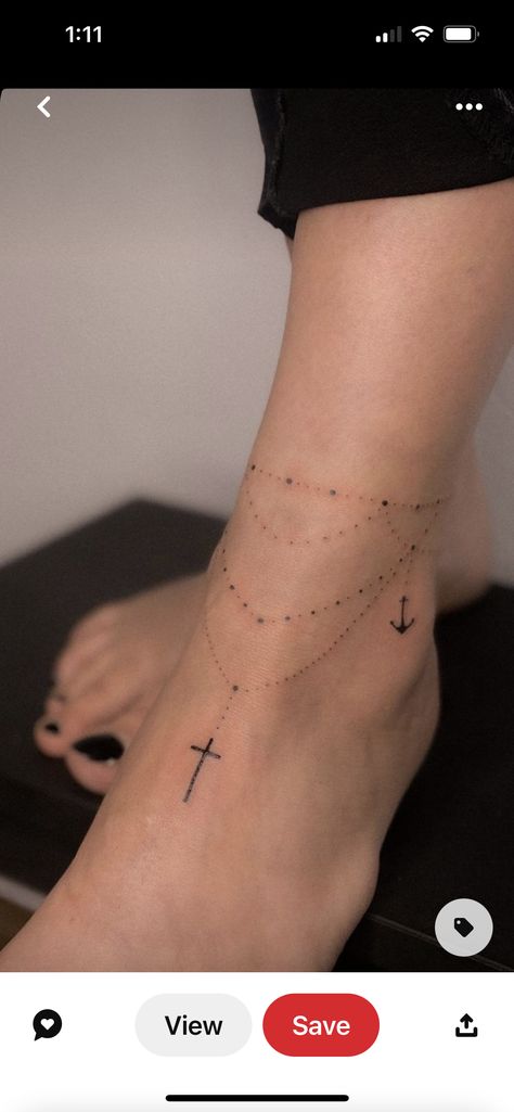 Delicate Anklet Tattoo, Simple Ankle Bracelet Tattoo, Elegant Ankle Tattoos For Women, Cross Anklet Tattoo, Fine Line Ankle Bracelet Tattoo, Ankle Rosary Tattoo, Classy Tattoos For Women Elegant Ankle, Fine Line Rosary Tattoo, Around Ankle Tattoos For Women