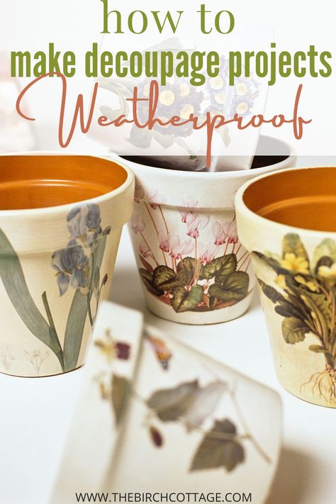 How to Weatherproof Decoupage Projects - The Birch Cottage Plant Pots Decoration Ideas, How To Decorate Pots For Plants, Decoupage Terracotta Pots Diy, Decorate A Flower Pot, Mod Podge Flower Pot, Painting Clay Pots Ideas, Painted Garden Pots Outdoor Planters, Decoupage Pots Terra Cotta, How To Paint Flower Pots