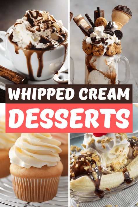 These easy whipped cream desserts are beyond irresistible! From cakes to milkshakes to grasshopper pie, whip up one of these easy treats the next time you want something sweet! What To Eat With Whipped Cream, Dessert Recipes With Whipped Cream, Whipped Cream Desserts Easy, Whipping Cream Desserts, Recipes With Whipped Cream, Whip Cream Desserts, Desserts With Whipped Cream, Whipped Desserts, Recipes Using Whipping Cream