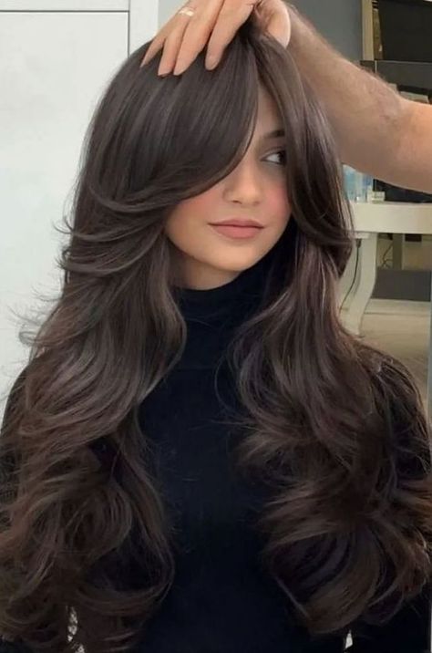 29+ Stunning Long Hair Styles with Layers and Curtain Bangs for a Trendy Look Layer Wavy Hair Long, Layers On Long Blonde Hair, Haircut Ideas For Long Hair Wavy, Layer With Bangs Haircut, Brunette Hair Long Curtain Bangs, Haircut Design For Long Hair, Women’s Haircut Long Hair, Med Layers With Curtain Bangs, Long Haircuts With Movement