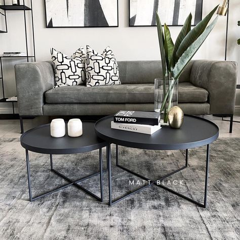 Circle Nesting Coffee Table, Coffee Table For Gray Couch, Black Round Coffee Table Styling, Living Room Black Table, Grey Couch Black Coffee Table Living Room, Nesting Table Decor, Black Coffee Table Round, Black Nesting Coffee Table, Gray Coffee Table Living Room