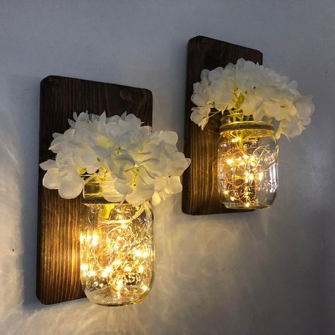 Fairy Lights Decor Bedroom, Bedrooms Lights, Enchanted Room, Hanging Sconces, Winter Tablescapes, Fairy Lights Decor, Bedroom Decor Lights, Hanging Mason Jars, Rustic Sconces