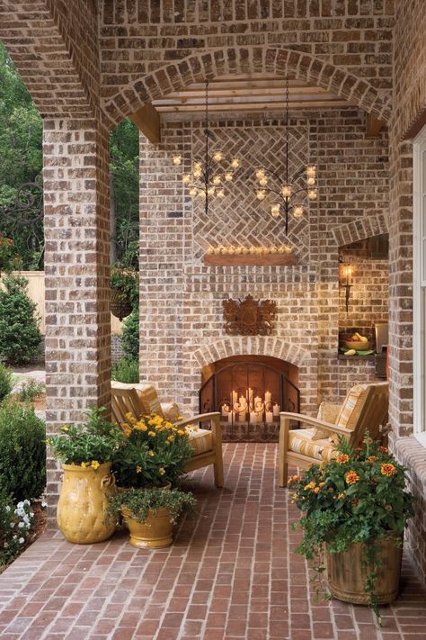 Candle-Lit Porch Balkon Decor, Brick Patio, Summer Porch, House With Porch, Outside Living, Design Exterior, Style At Home, Outdoor Fireplace, Porch Patio