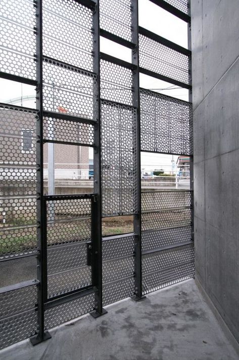 031_08_Nagaizumi. Powder coated perforated steel screen.: Perforated Metal Gate, Building Screen, Screen Facade, Architectural Screen, Steel Screen, Perforated Steel, Metal Facade, Expanded Metal, Metal Screen