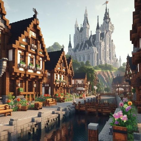 Cottage Town Minecraft, Minecraft Town Inspiration, Detailed Minecraft Houses, Minecraft Medieval City Layout, Mythical Sausage Builds, Minecraft Midevil City, Minecraft Mountain Village Ideas, Castles In Minecraft, Minecraft Medieval Town House