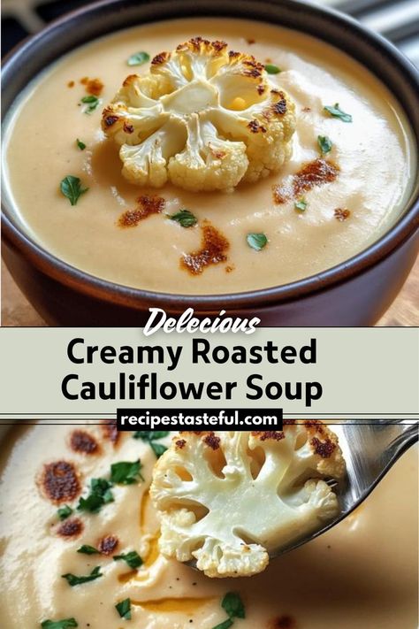 This creamy roasted cauliflower soup is a rich and velvety delight perfect for a cozy meal. Roasting the cauliflower enhances its natural nutty flavor, which pairs beautifully with the creamy base and optional toppings like crispy bacon and fresh parsley. Chinese Chicken Salad Recipe, Traditional Thanksgiving Recipes, Creamy Cauliflower Soup, Roasted Cauliflower Soup, Cauliflower Soup Recipes, Easy Thanksgiving Recipes, Hearty Dinner, Cauliflower Soup, Light Dinner