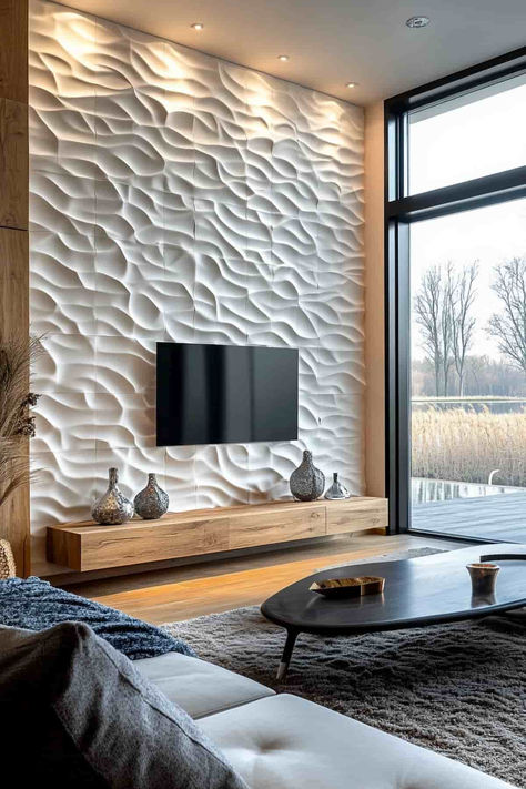 40 Modern Living Room Accent Wall Designs for a Stylish Home Tv Feature Wall Ideas Living Room Modern, 20 Feet Wall Design, Living Room Tile Wall Ideas, Accent Mantle Wall, Walls With Windows Decor, Tv Wall Design For Office, Texture Feature Wall, Tiled Accent Wall Living Room, Wall Texture For Living Room