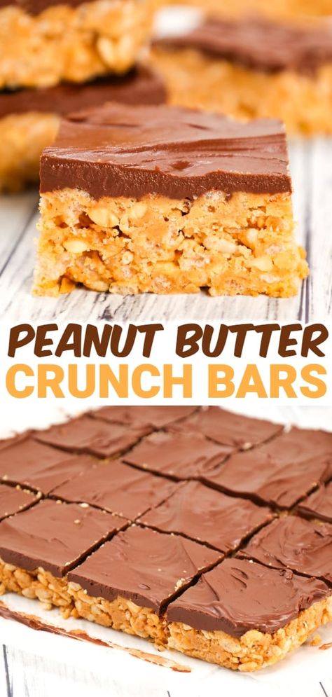 Peanut Crunch Bars, No Bake Peanut Butter Crunch Bars, Desserts With Crunchy Peanut Butter, Healthy No Bake Chocolate Peanut Butter Crunch Bars, Crispy Crunch Bars, Peanut Butter Krispy Treats, Homemade Peanut Butter Twix Bars, Chocolate And Peanut Butter Crispy Bars, Rice Krispie Oatmeal Bars