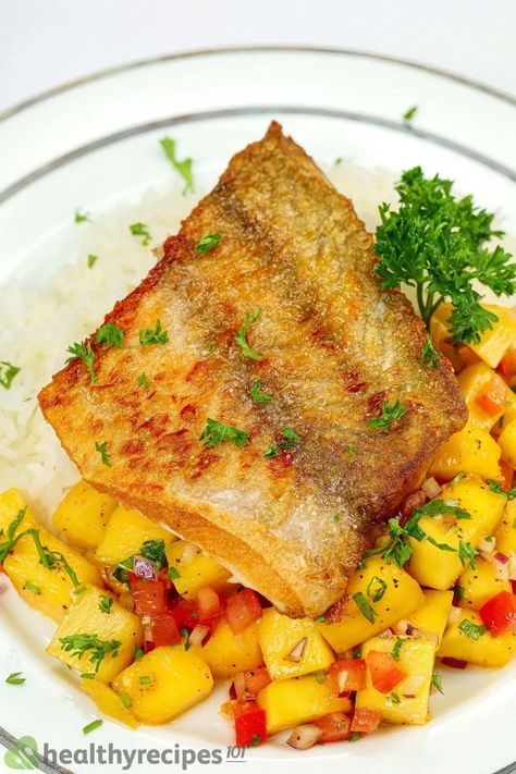 Sea Bass With Mango Salsa Recipe: A Fun and Simple Combination Sea Bass With Mango Salsa, Chilean Seabass Recipe Baked, Grilled Sea Bass Recipes, Chilean Sea Bass Recipe Oven, Easy Chilean Sea Bass Recipe, Swordfish With Mango Salsa, Gala Inspiration, Mango Salsa Recipe, Sea Bass Recipes