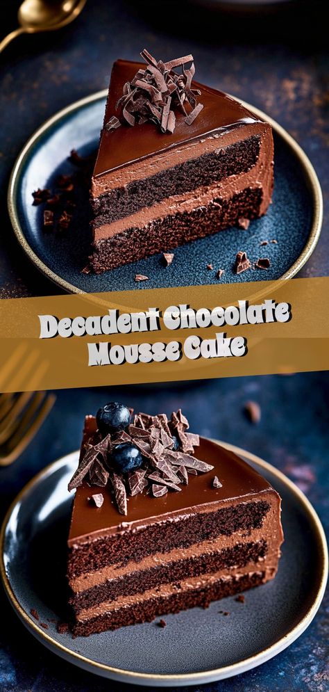 ✨ Decadent Chocolate Mousse Cake Recipe 🍫 

Indulge in layers of chocolatey heaven with this show-stopping dessert that combines rich cake, silky mousse, and a glossy ganache. Perfect for any chocolate lover looking to impress! 👩‍🍳💖

#ChocolateLovers #MousseCake #DecadentDessert #IndulgeInChocolate #GanachePerfection Chocolate Cake With Mousse And Ganache, Layered Chocolate Mousse Cake, Chocolate Cake Unique, How To Make Chocolate Mousse Cake, Chocolate Mousse Cake Easy, Chocolate Cake With Chocolate Mousse, Triple Chocolate Mousse Cake Recipe, Chocolate Mousse Layer Cake, Chocolate Mousse Frosting Recipe