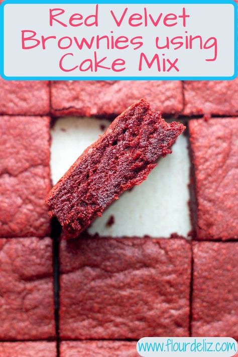 These super simple Red Velvet Brownies use just 3 ingredients, one of which is red velvet cake mix, and they take just a couple minutes to prep and not much longer to bake! They make the perfect easy-to-make Valentine's day treat, or adds the best pop of color to your Christmas dinner. They're even perfectly colored for the 4th of July! So grab a box of red velvet cake mix and make these soft, fudgy, quick and easy Red Velvet Brownies now! Red Velvet Cake Dessert Ideas, Recipes Using Cake Mixes Red Velvet, Boxed Cake Mix Brownies, Red Velvet Brownie Cake, Things To Make With Red Velvet Cake, Red Velvet Cake Mix Bars, Red Velvet Box Brownies, Red Velvet Cake Mix Hacks, Desserts With Red Velvet Cake Mix Boxes