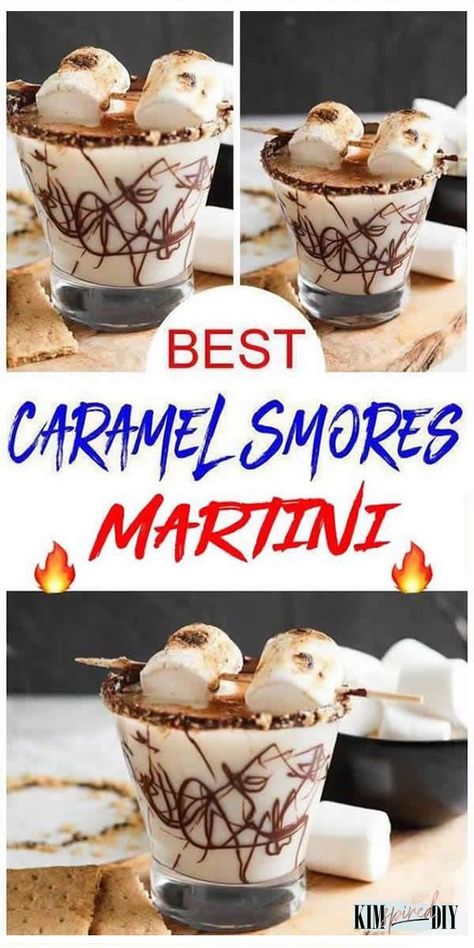 caramel smores martini with vodka alcohol made in a chocolate drizzle, toasted marshmallows & a chocolate graham cracker rimmed glass. Smores Martini, Marshmallow Martini, Caramel Smores, Theme Drinks, Drink Vodka, Easy Smores, Vodka Alcohol, Christmas Drinks Alcohol Recipes, Halloween Shots