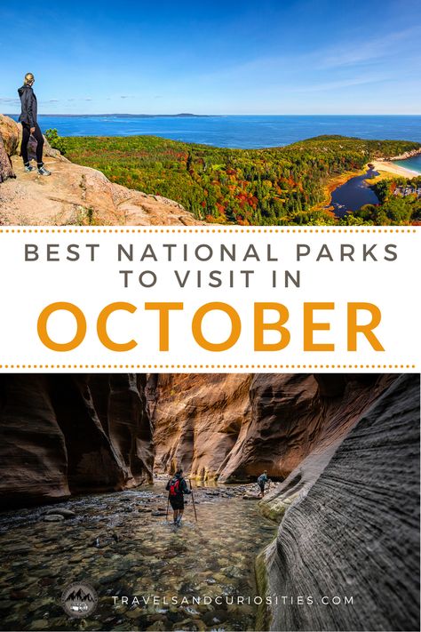 What are the best National Parks to visit in October? Check out these fall trip ideas for some autumn travel inspiration. Travels and Curiosities is a Travel and Photography Blog Featuring Unique Travel Destinations and Hidden Gems national parks to visit in fall | best national parks in the fall | best national parks in fall | best national parks to visit in the fall | best national parks to visit in october Best National Parks To Visit In October, Where To Travel In October, Fall Destinations America, North Cascades National Park Fall, Olympic National Park In November, October Travel, National Parks Photography, National Parks Map, Travel Inspiration Destinations