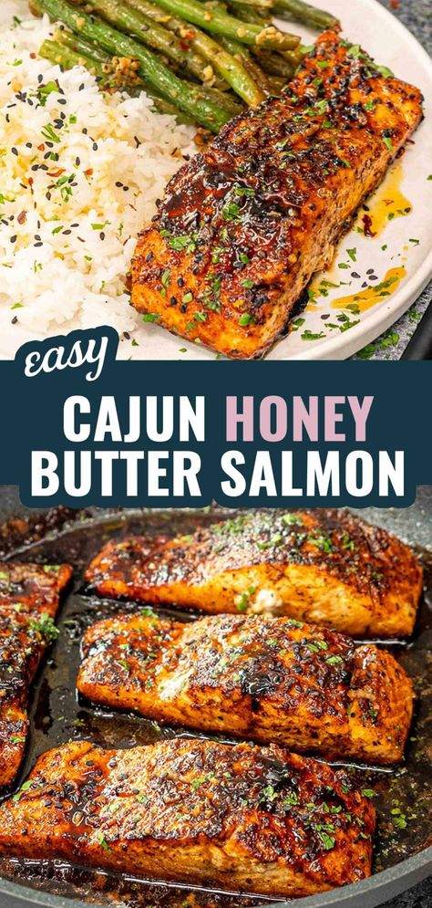 You’ll love this Cajun Honey Butter Salmon! Spicy, sweet, and ready in just 25 minutes. Perfect for a quick and delicious meal. #SalmonRecipe #EasyDinner Easy Fish Meals For Dinner, Honey Pepper Salmon, Skin On Salmon Recipes Baked, Cheap Salmon Recipes, Salmon And Bell Pepper Recipes, Air Fryer Cajun Salmon, Recipes For Dinner Fish, Sheet Pan Meals Salmon, Salmon Recipes And Rice