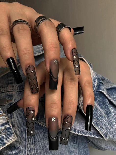 Black Nails Acrylic Coffin, Square Black Nails, Coffin Black Nails, January Nail, Clear Acrylic Nails, January Nails, Graduation Nails, Gothic Nails, Edgy Nails