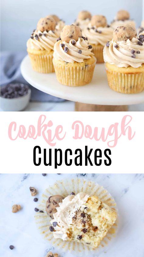 Cupcake Recipes Cookie Dough, Vanilla Cupcakes With Cookie Dough Frosting, Cake And Cupcake Recipes, Cookie Flavored Cupcakes, Vanilla Cupcakes With Cookie Dough Icing, Fun Vanilla Cupcakes, Chocolate Cookie Dough Cupcakes, Choc Chip Cookie Dough Cupcakes, Birthday Cupcake Flavors