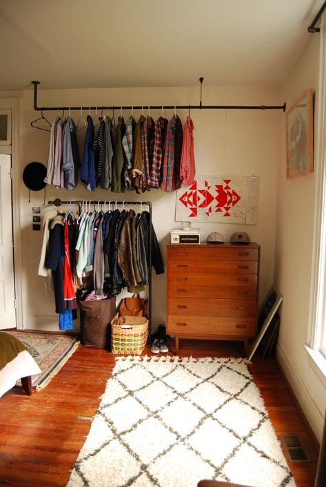 Kb & Bru's Playful Creative Space in Nashville | Apartment Therapy Diy Clothes Rack, Open Wardrobe, No Closet Solutions, Clothes Hanging, Open Closet, Space Apartments, Cat Stevens, Audio Engineer, Audio Room