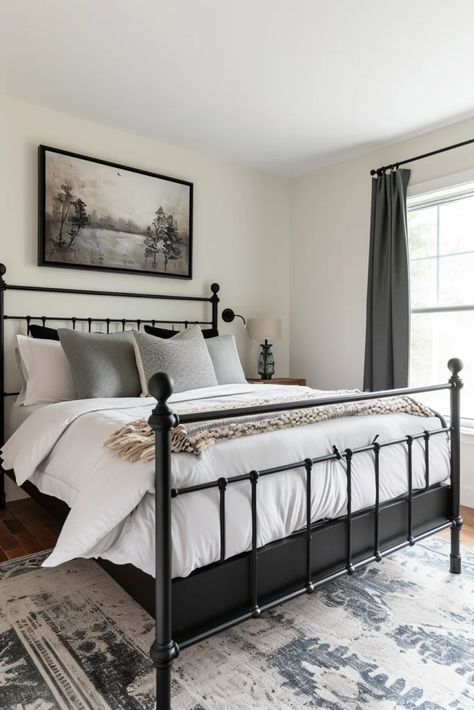 Black Metal Bed Frame Bedroom, Metal Bed Frame Bedroom, Metal Bed Frame Bedroom Ideas, Black Iron Beds, Frame Bedroom, Florida Bedroom, Black Metal Bed Frame, Bed Frame Sets, Simple Bed Frame