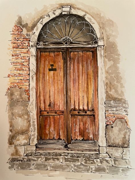 Watercolor Painting Old Doors Paintings, Watercolor Doors And Windows, Watercolor Doors Paintings, Door Watercolor Painting, Easy Architecture Sketch, Watercolor Doors, Watercolor Door, French Country Art, Sketch Watercolor